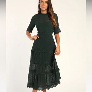 Lulus Dreaming of You Emerald Green Swiss Dot Midi Dress
